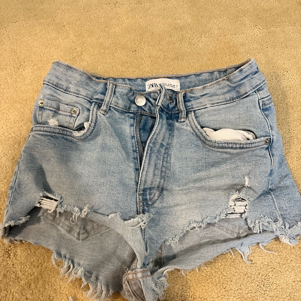 Zara Blue Jean Shorts Distressed High-Waisted